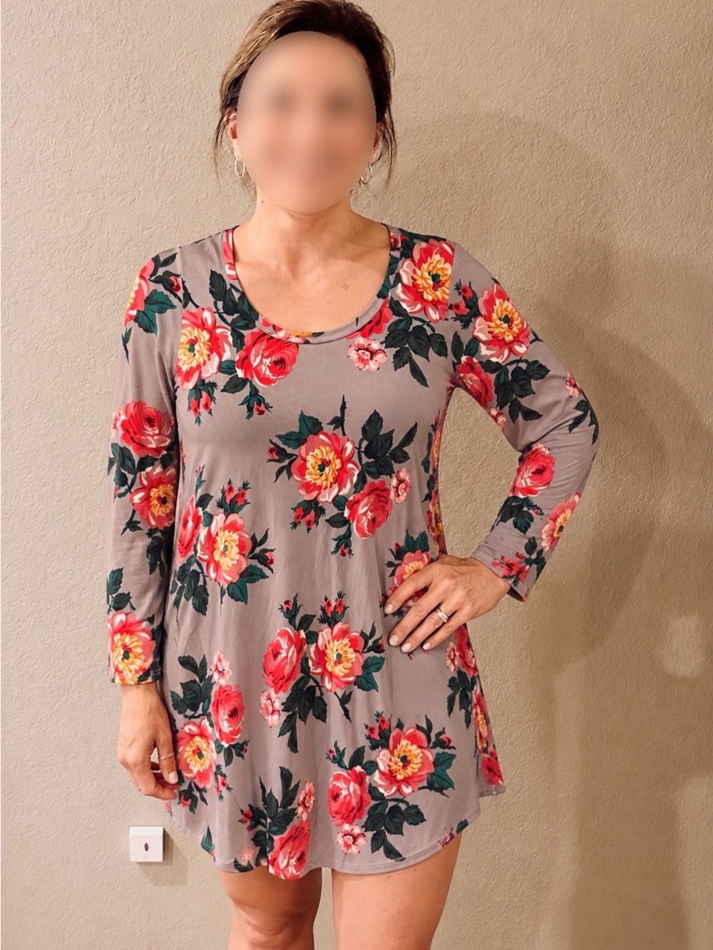 Matilda Jane Taupe Floral Scoop Neck Tunic with Red and Yellow Blooms